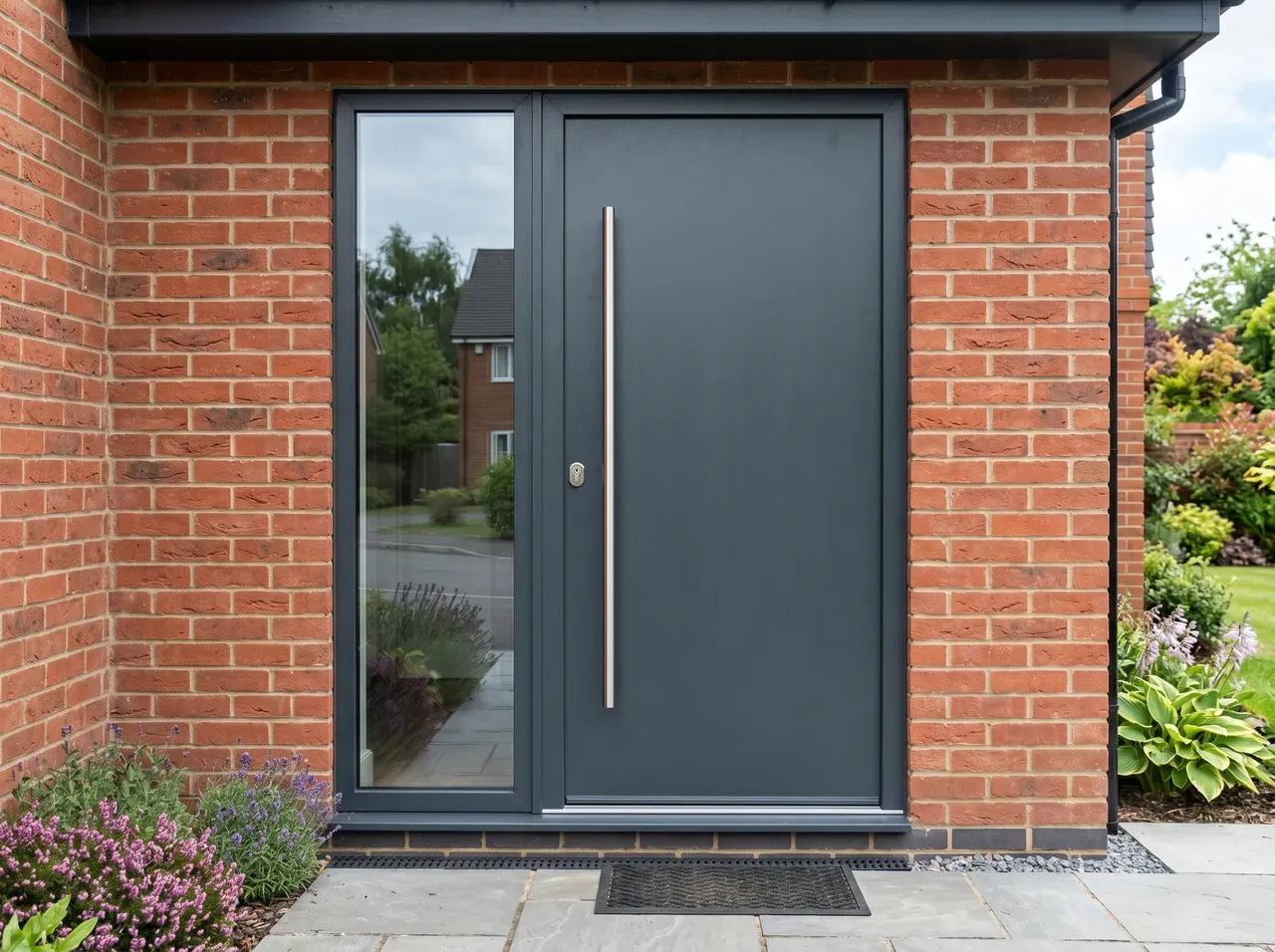 Modern aluminium entrance door installation with glazed side panel