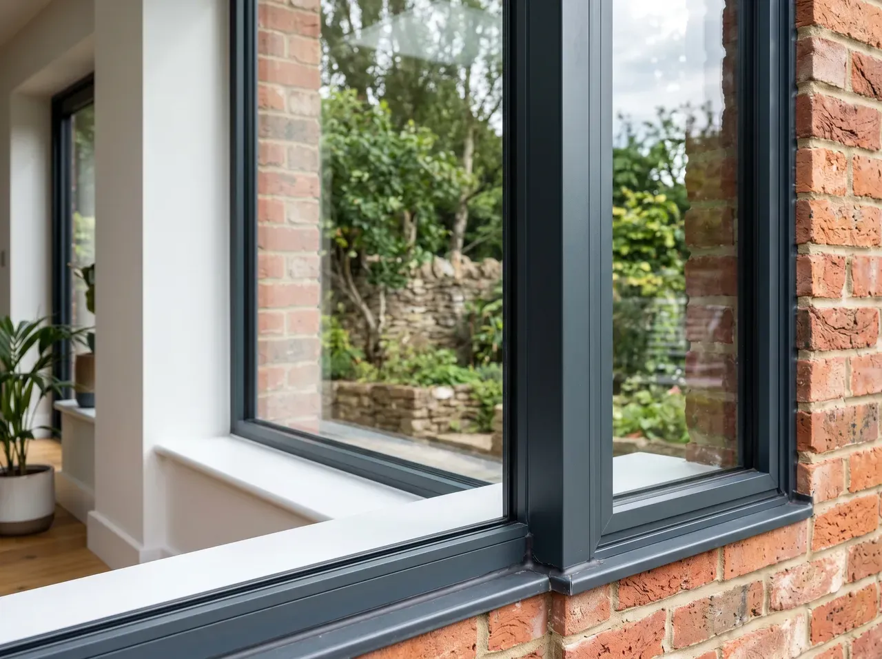 Slimline aluminium window installation with dark frames in a brick home
